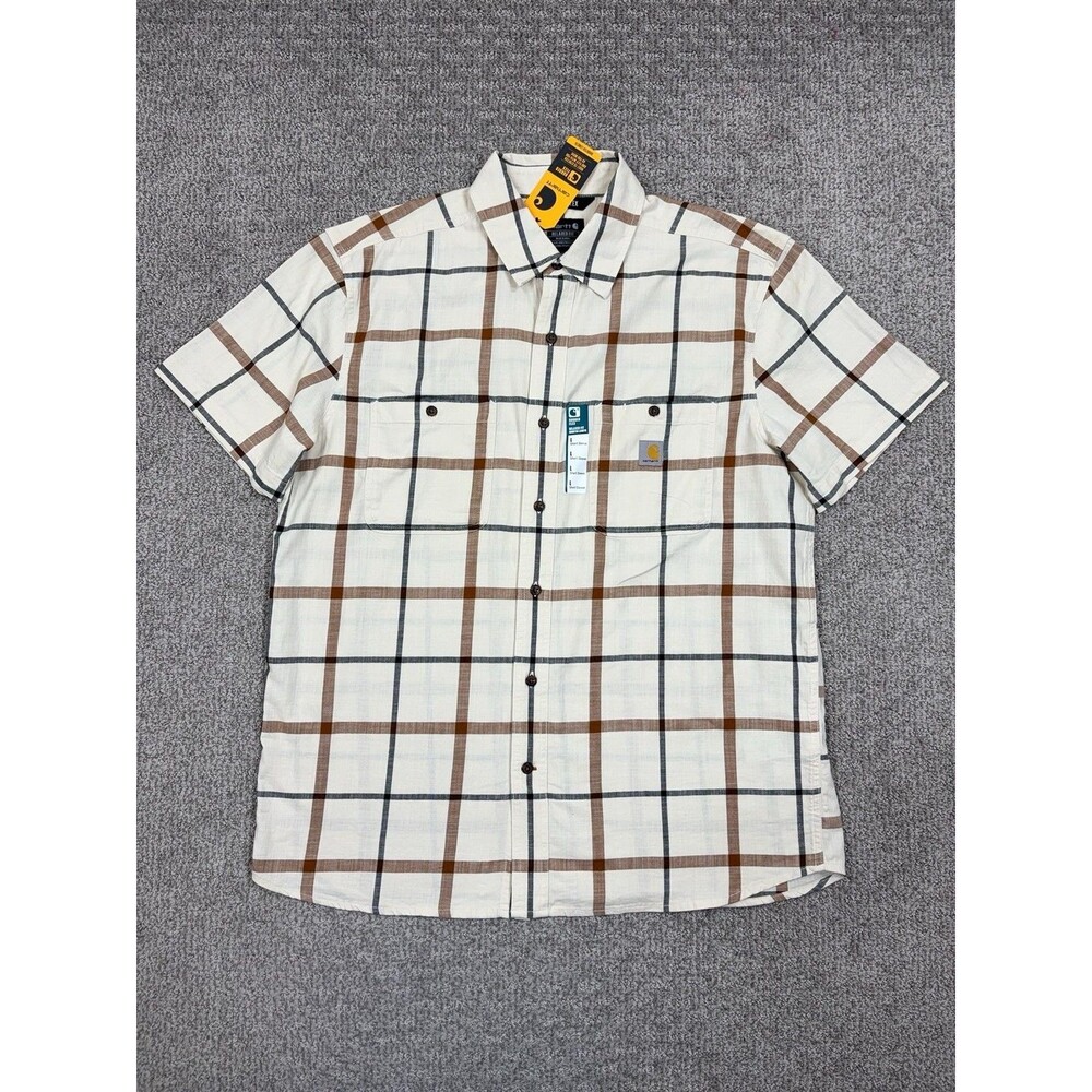 Carhartt Shirt Mens Large Beige Plaid Rugged Flex Short Sleeve Workwear Casual